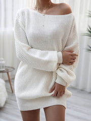 Balloon Sleeve Boat Neck Sweater Mini Dress - Admiresty