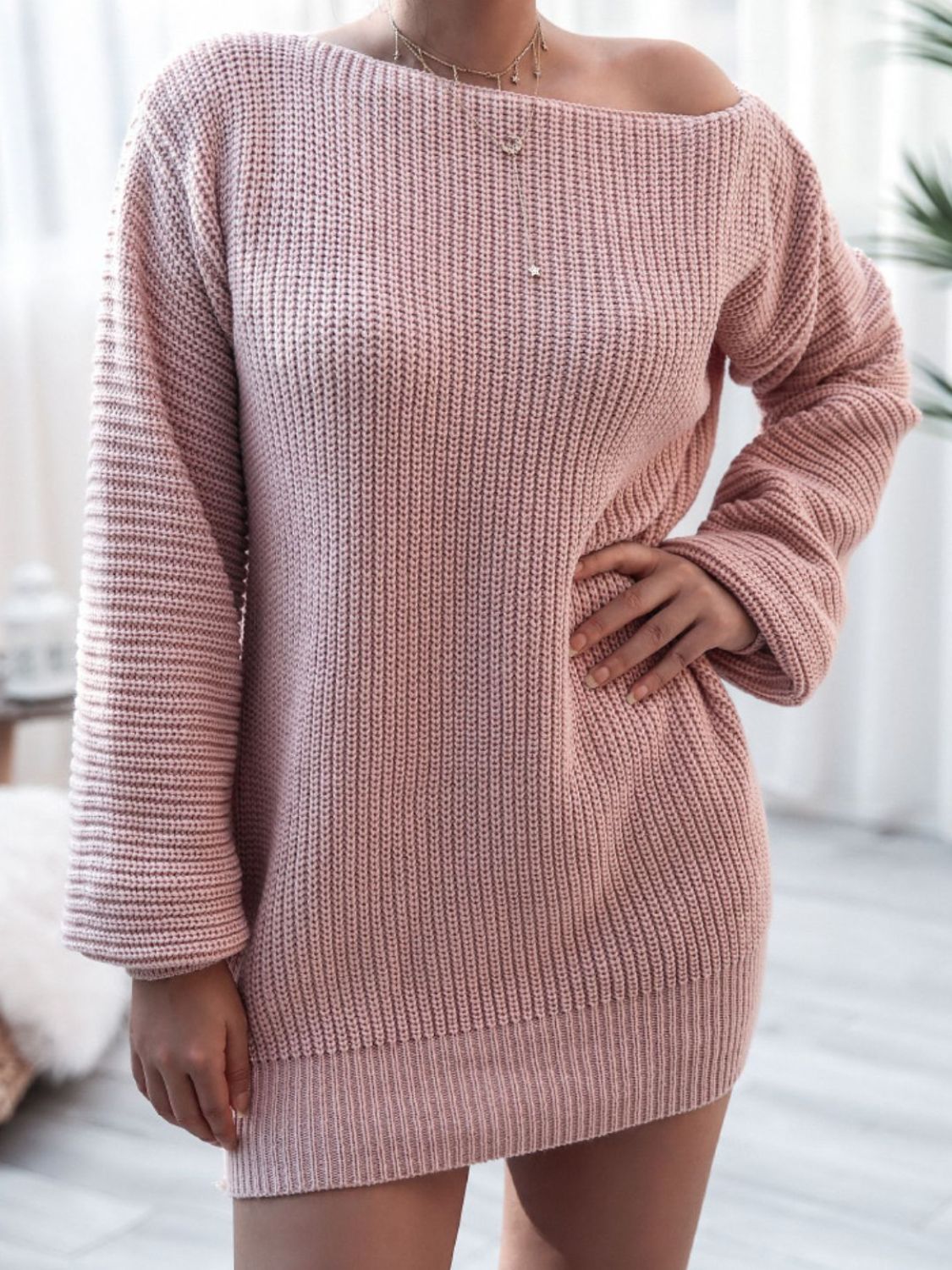 Balloon Sleeve Boat Neck Sweater Mini Dress - Admiresty