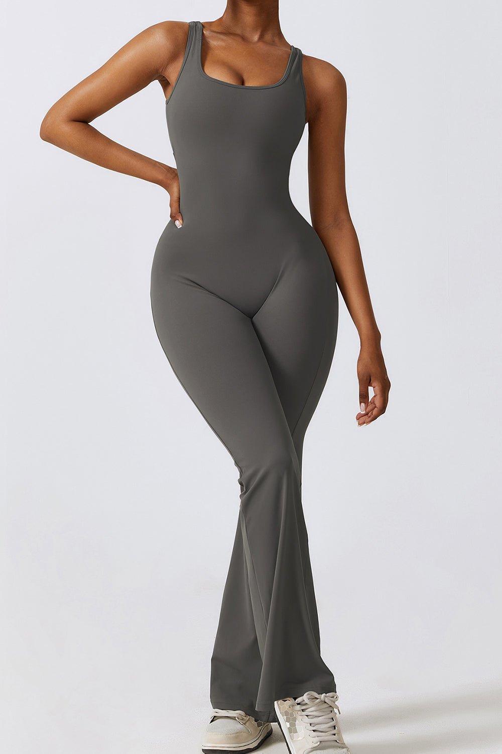 Basic Bae Cutout Ruched Bootcut Sleeveless Active Jumpsuit - Admiresty