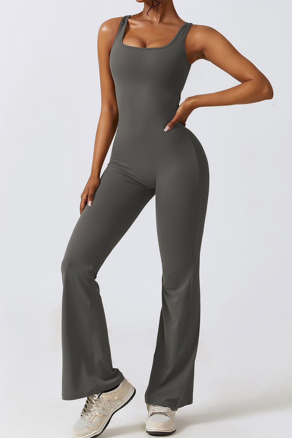 Basic Bae Cutout Ruched Bootcut Sleeveless Active Jumpsuit - Admiresty