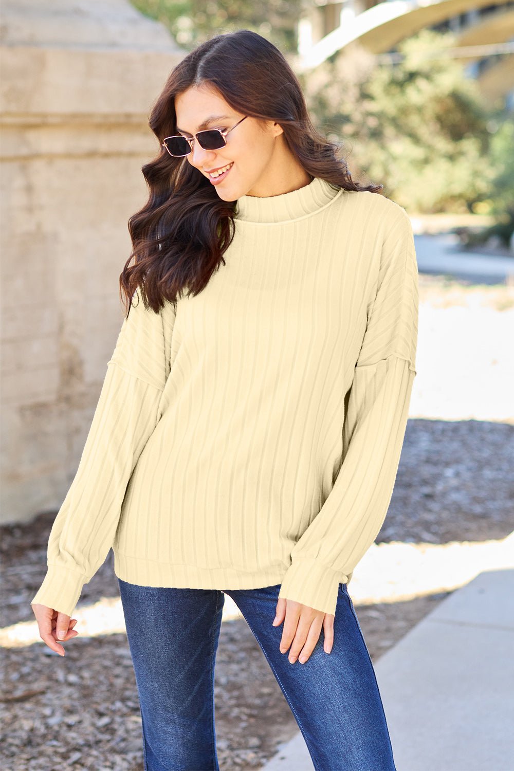 Basic Bae Full Size Ribbed Exposed Seam Mock Neck Knit Top - Admiresty