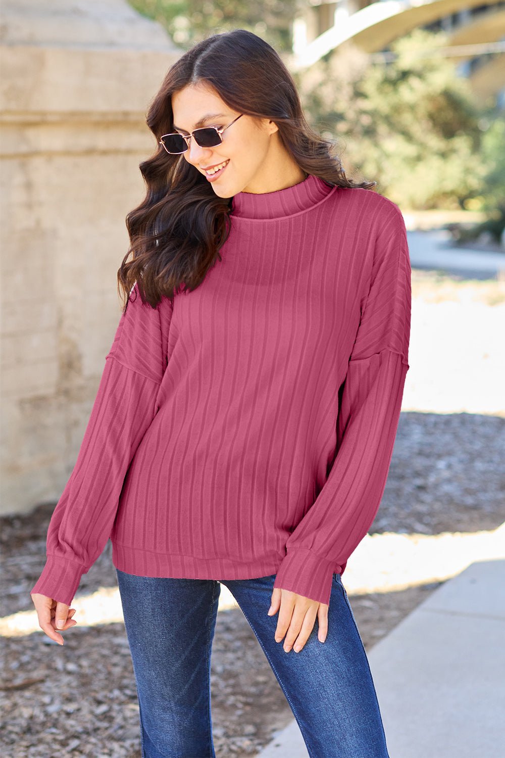 Basic Bae Full Size Ribbed Exposed Seam Mock Neck Knit Top - Admiresty