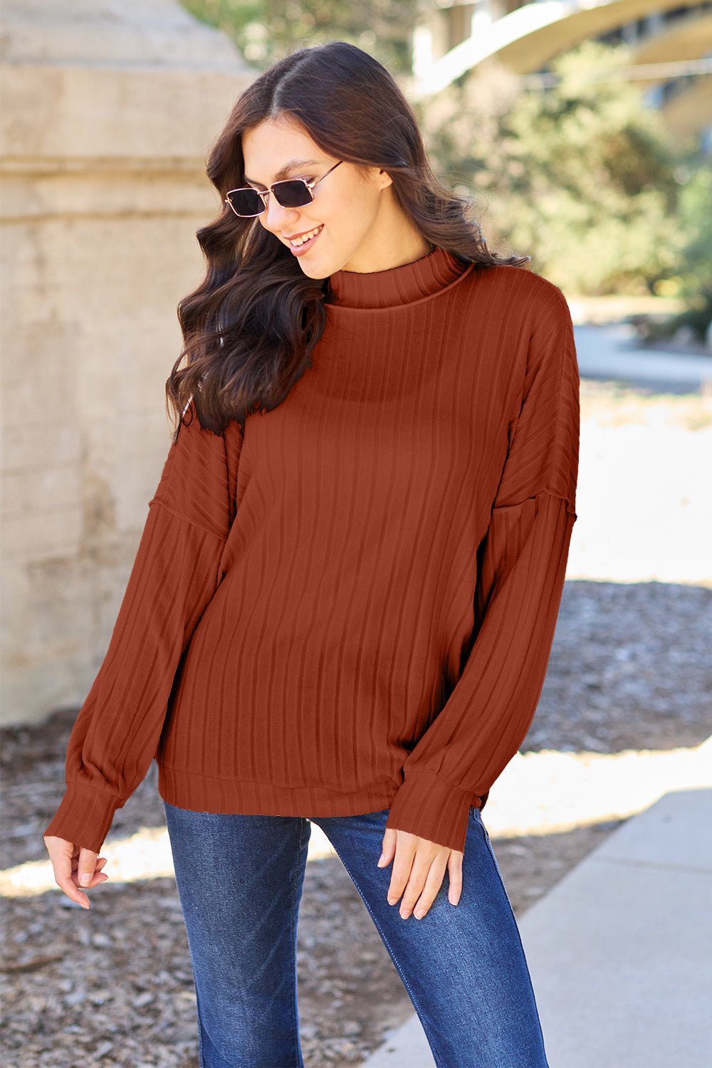 Basic Bae Full Size Ribbed Exposed Seam Mock Neck Knit Top - Admiresty