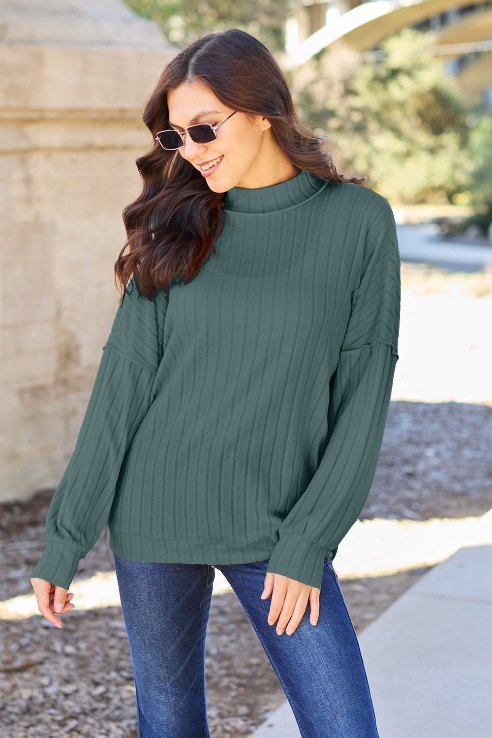 Basic Bae Full Size Ribbed Exposed Seam Mock Neck Knit Top - Admiresty