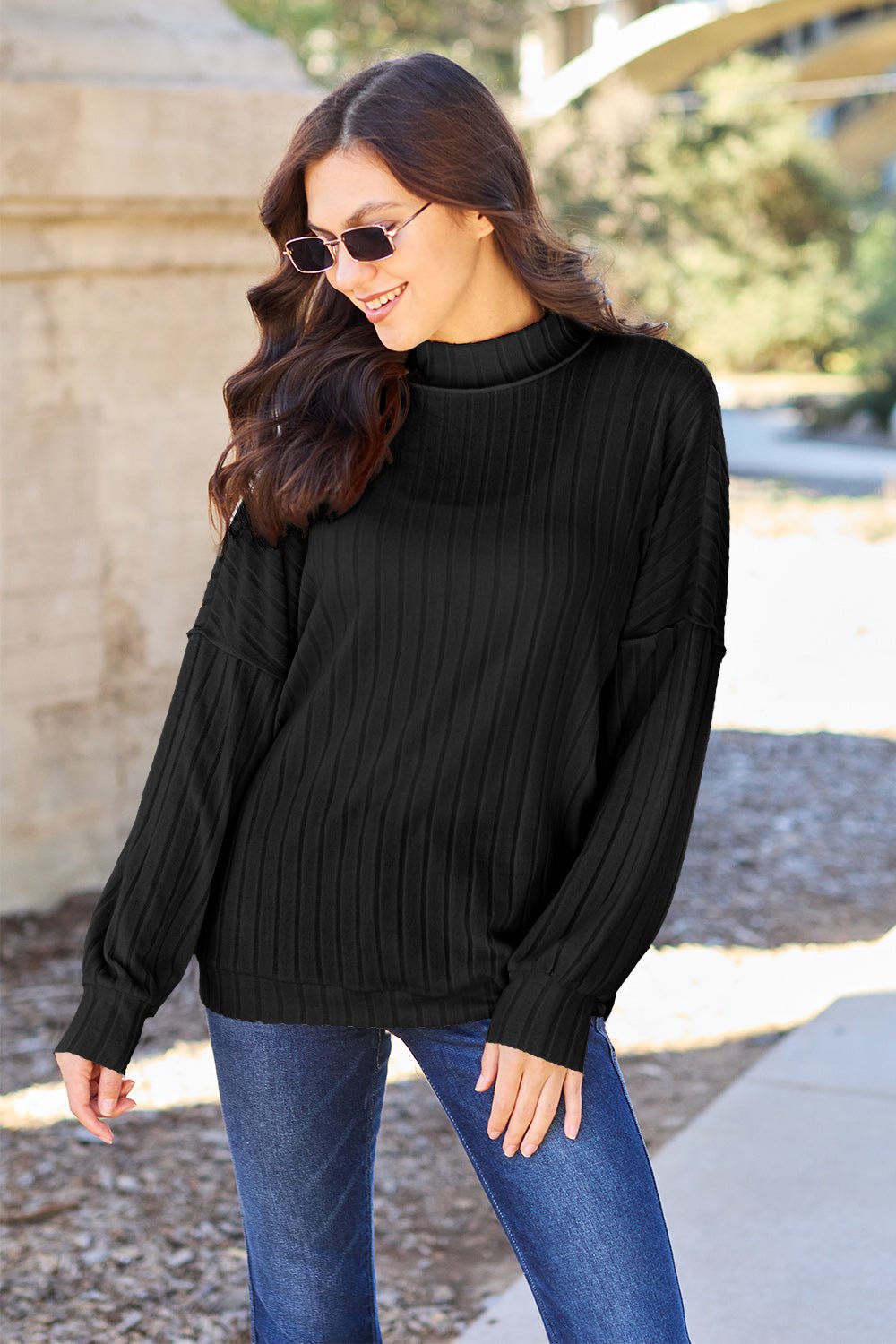 Basic Bae Full Size Ribbed Exposed Seam Mock Neck Knit Top - Admiresty