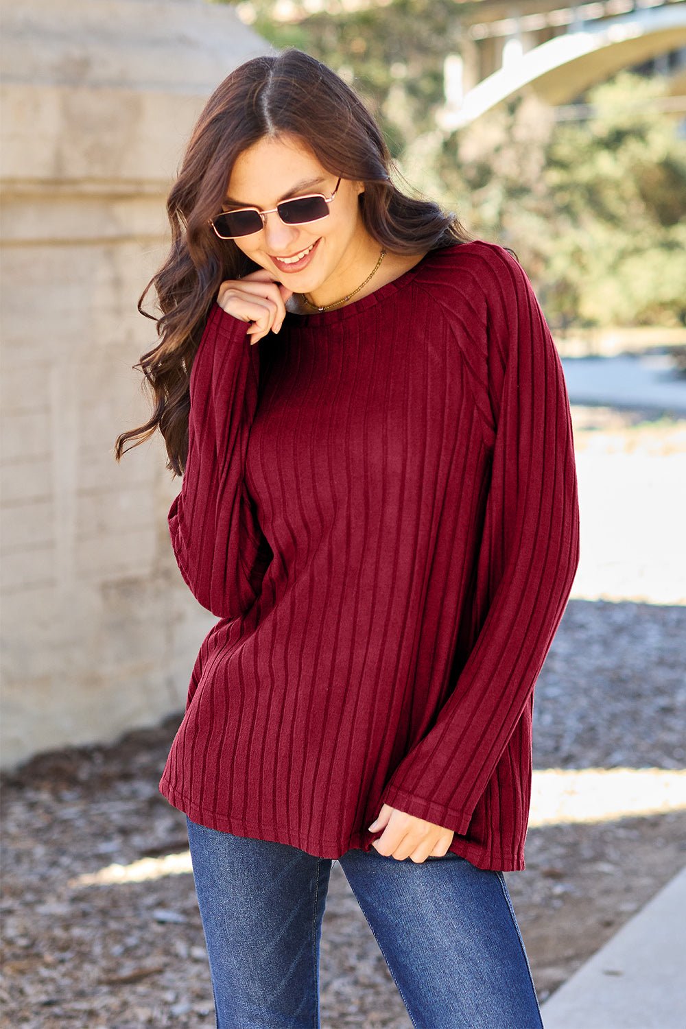 Basic Bae Full Size Ribbed Round Neck Long Sleeve Knit Top - Admiresty