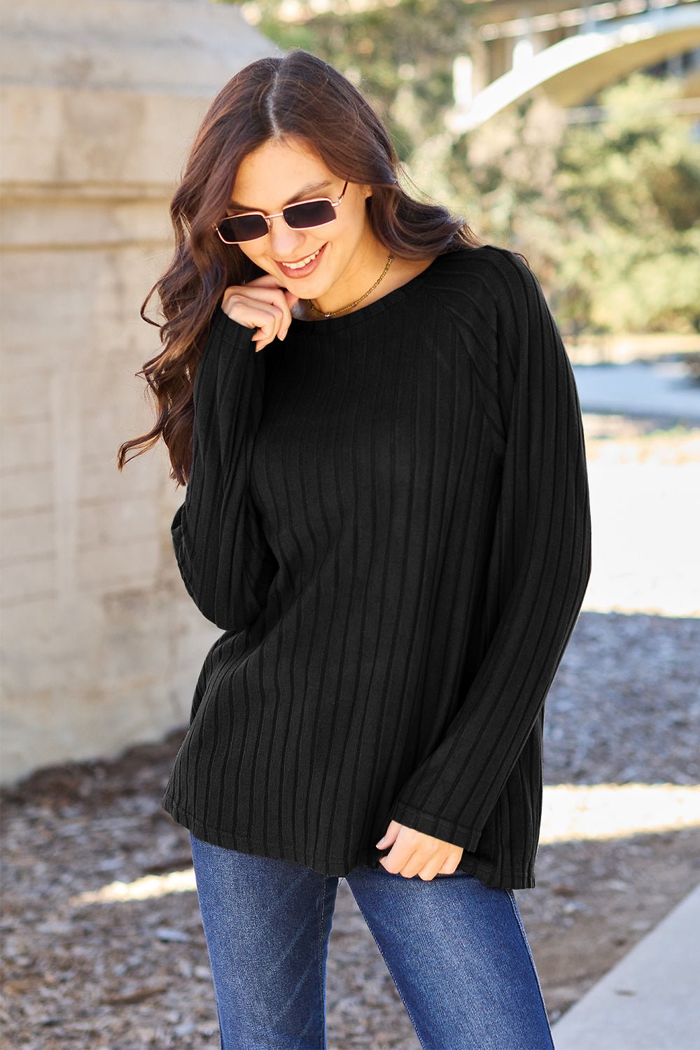 Basic Bae Full Size Ribbed Round Neck Long Sleeve Knit Top - Admiresty