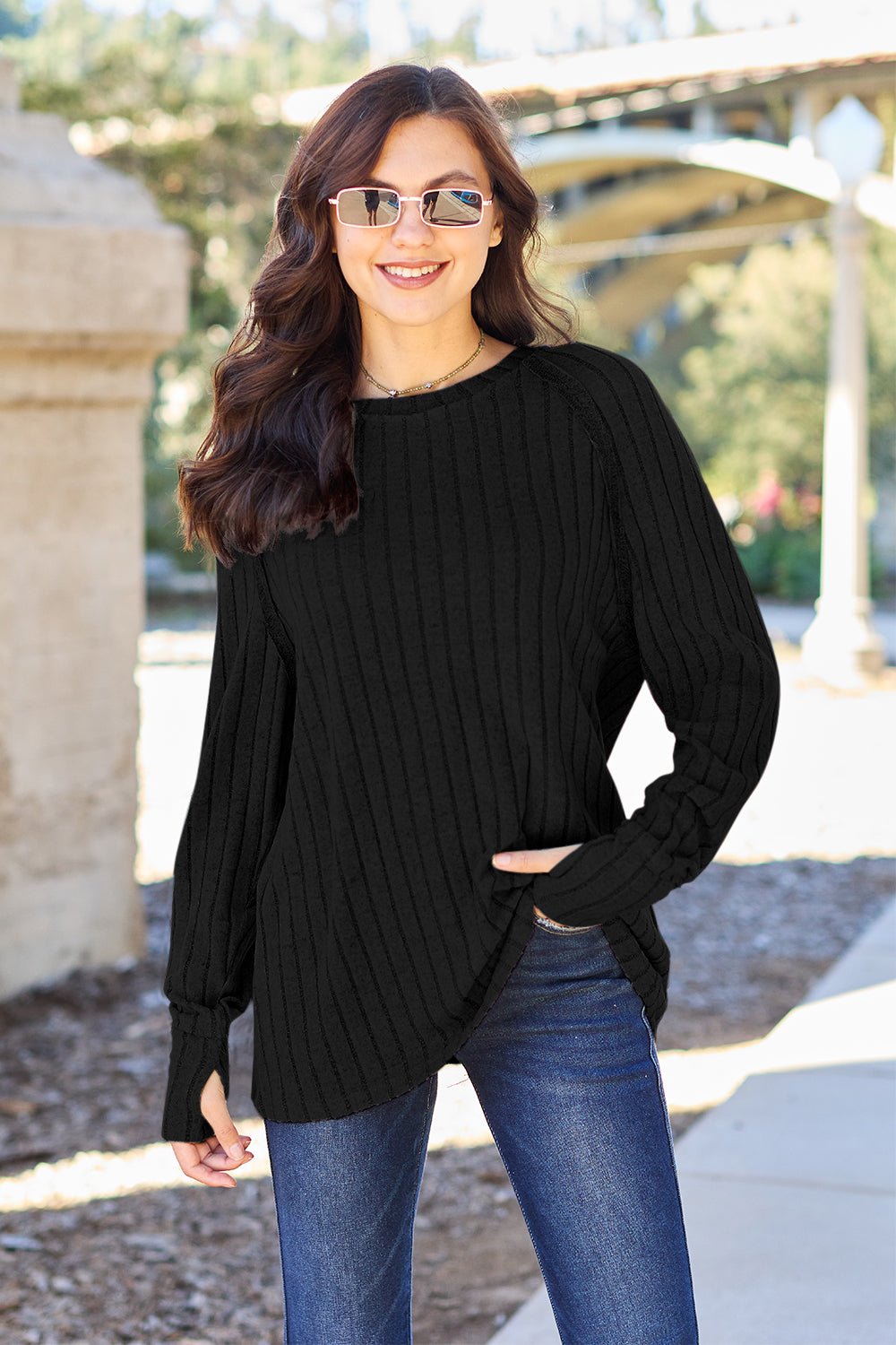 Basic Bae Full Size Ribbed Round Neck Long Sleeve Knit Top - Admiresty