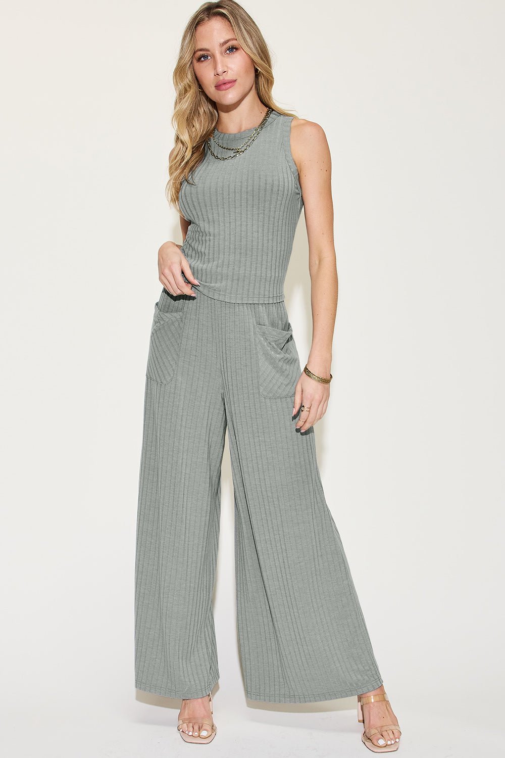 Basic Bae Full Size Ribbed Tank and Wide Leg Pants Set - Admiresty