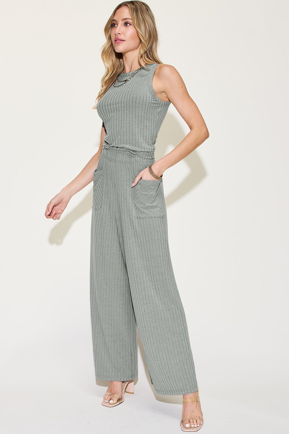 Basic Bae Full Size Ribbed Tank and Wide Leg Pants Set - Admiresty