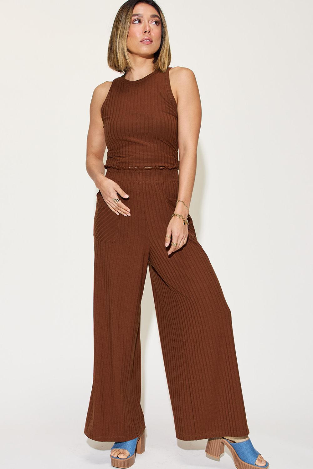 Basic Bae Full Size Ribbed Tank and Wide Leg Pants Set - Admiresty