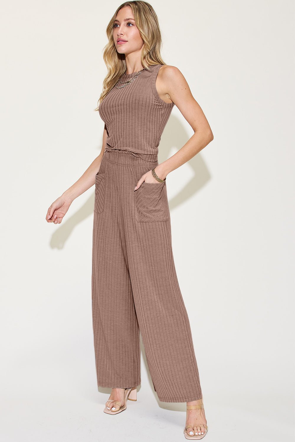 Basic Bae Full Size Ribbed Tank and Wide Leg Pants Set - Admiresty