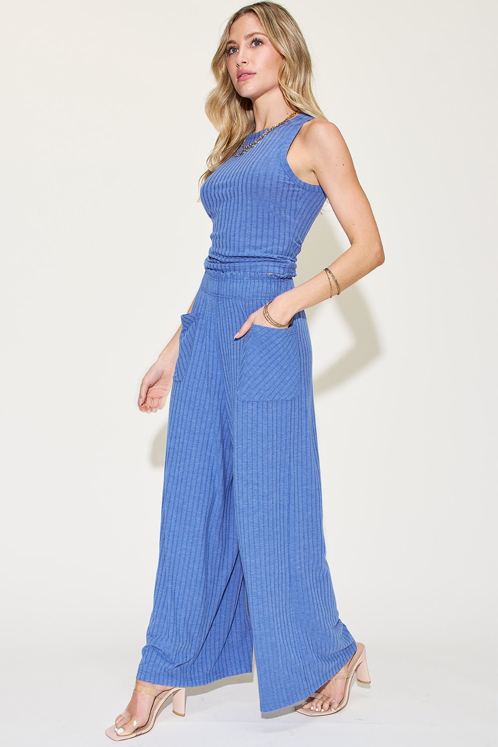 Basic Bae Full Size Ribbed Tank and Wide Leg Pants Set - Admiresty