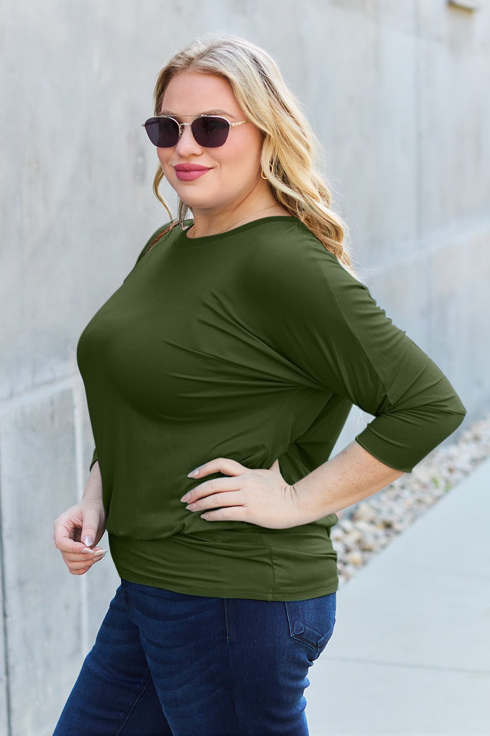 Basic Bae Full Size Round Neck Batwing Sleeve Blouse - Admiresty