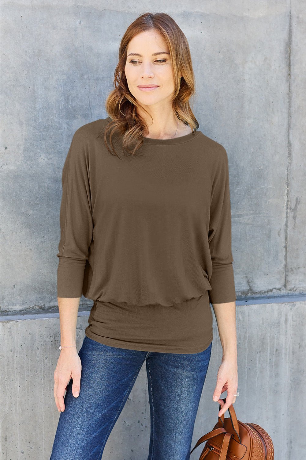 Basic Bae Full Size Round Neck Batwing Sleeve Blouse - Admiresty