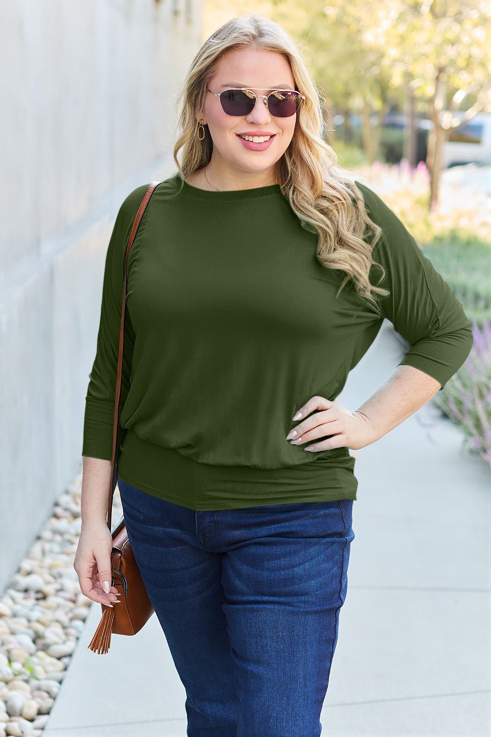 Basic Bae Full Size Round Neck Batwing Sleeve Blouse - Admiresty