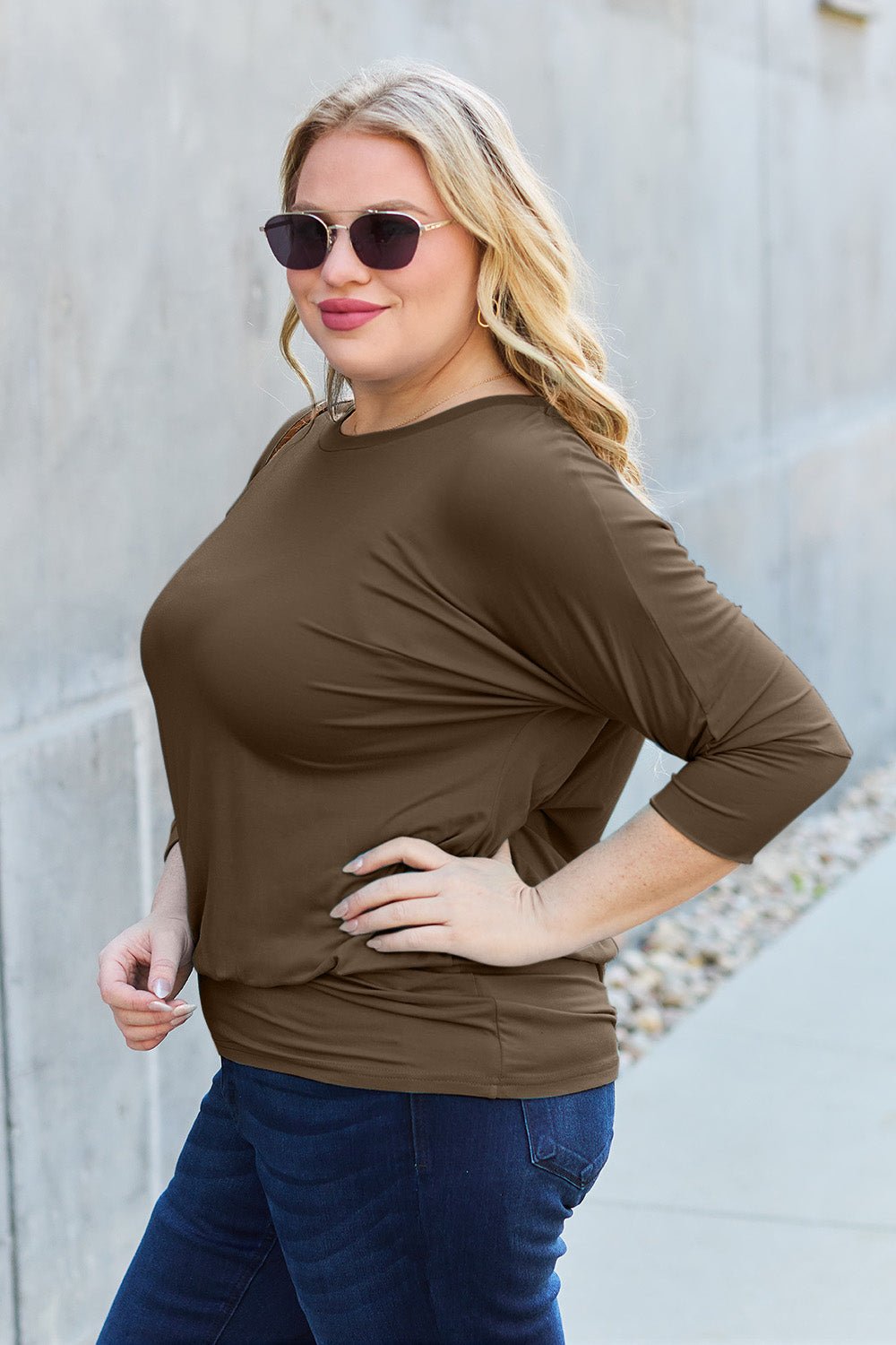 Basic Bae Full Size Round Neck Batwing Sleeve Blouse - Admiresty