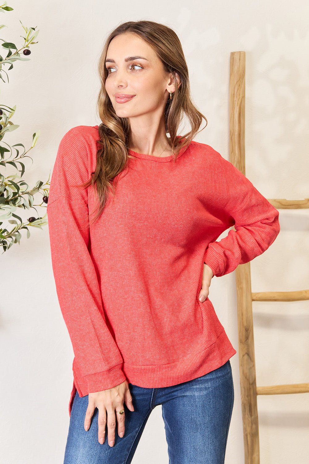 Basic Bae Round Neck Drop Shoulder Slit Sweatshirt - Admiresty