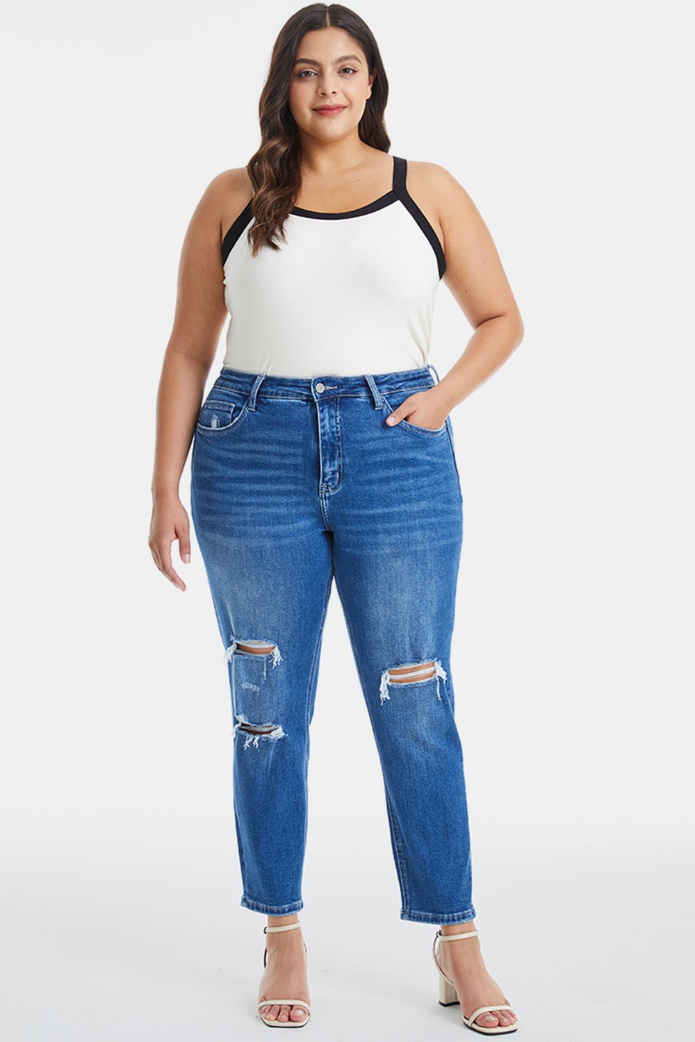 BAYEAS Full Size Distressed High Waist Mom Jeans - Admiresty