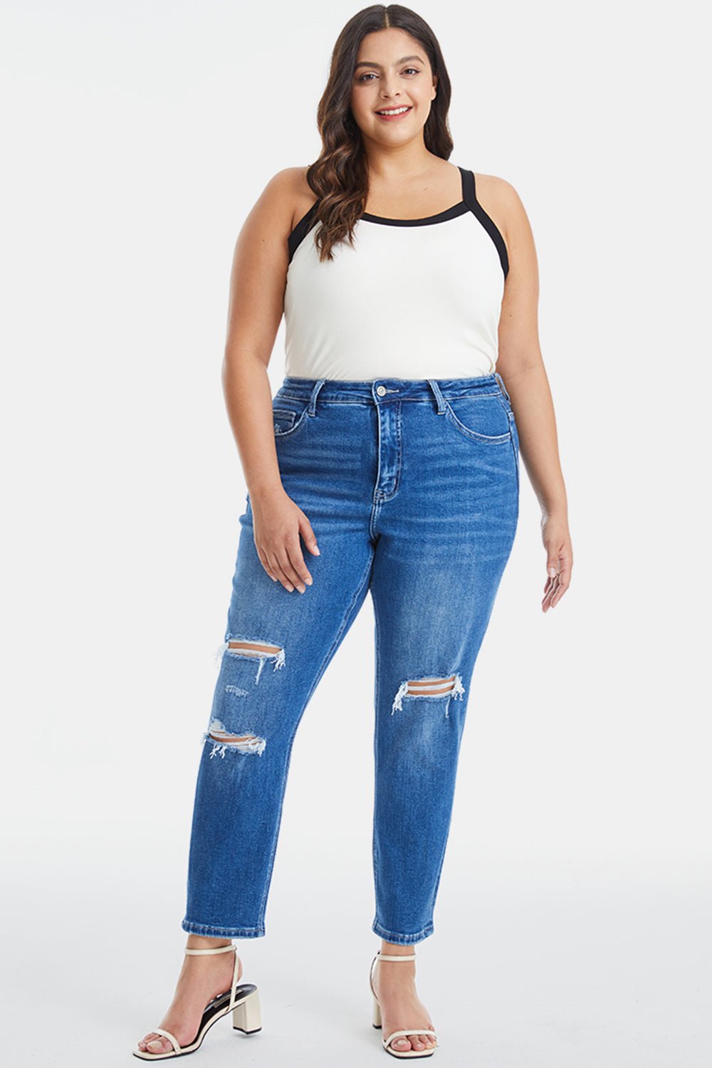 BAYEAS Full Size Distressed High Waist Mom Jeans - Admiresty