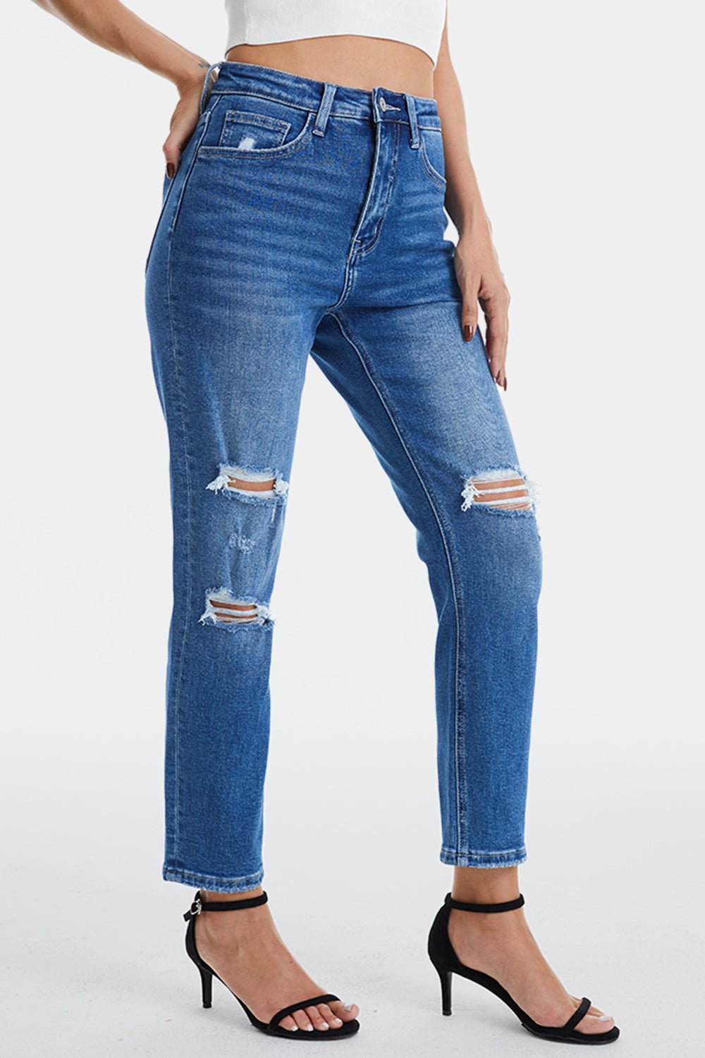 BAYEAS Full Size Distressed High Waist Mom Jeans - Admiresty