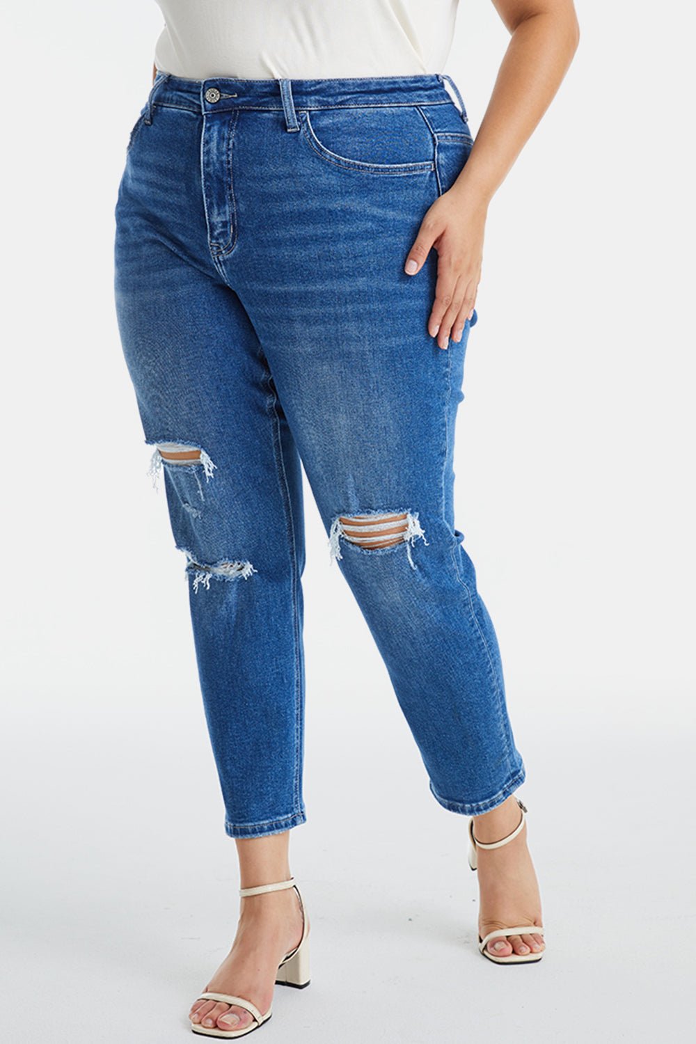 BAYEAS Full Size Distressed High Waist Mom Jeans - Admiresty