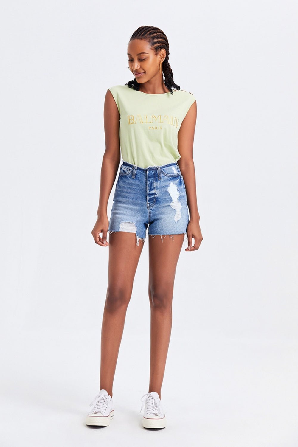 BAYEAS High Rise Bandless Denim Shorts - Admiresty