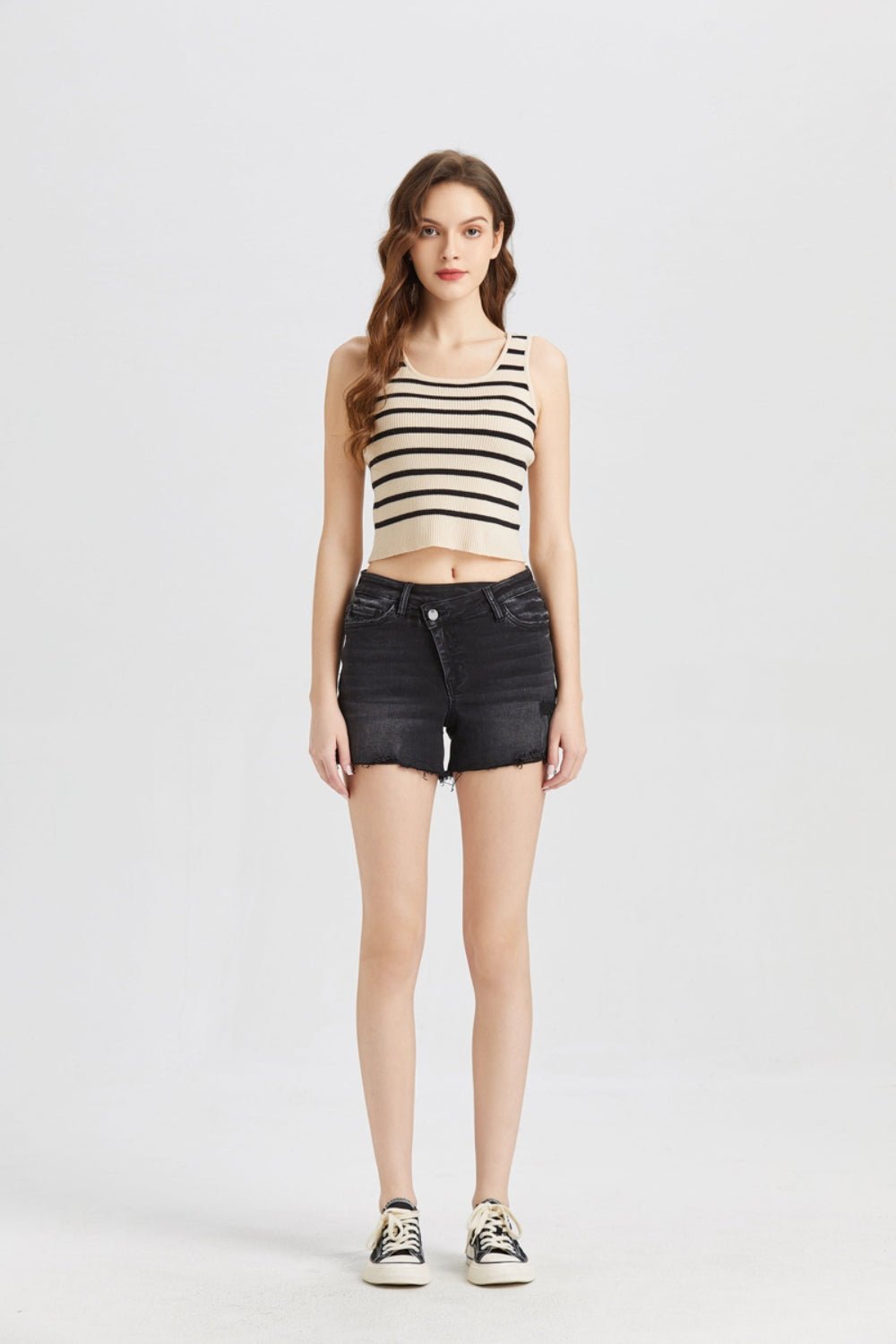 BAYEAS Stepped Waist Raw Hem Denim Shorts - Admiresty