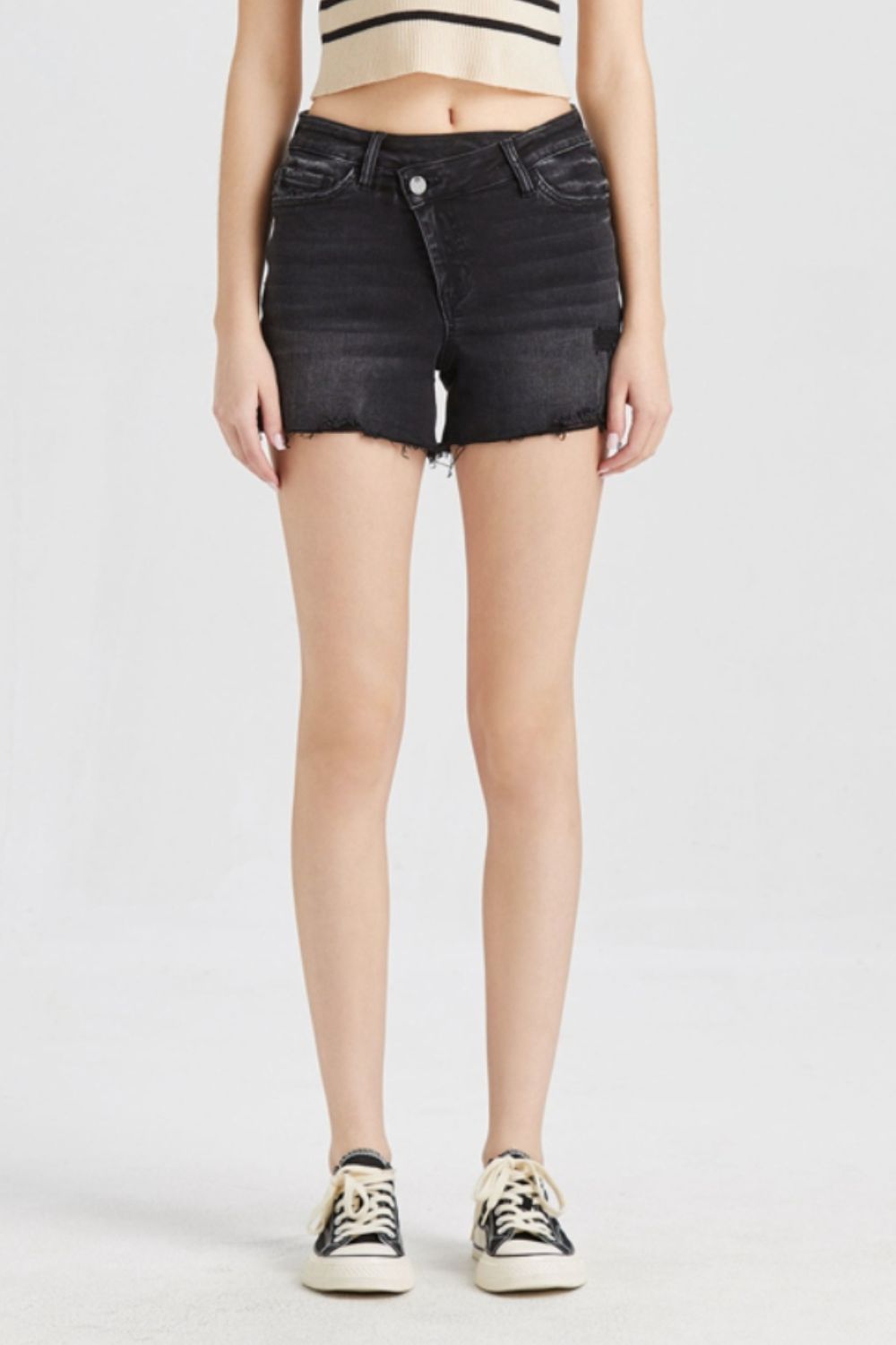 BAYEAS Stepped Waist Raw Hem Denim Shorts - Admiresty