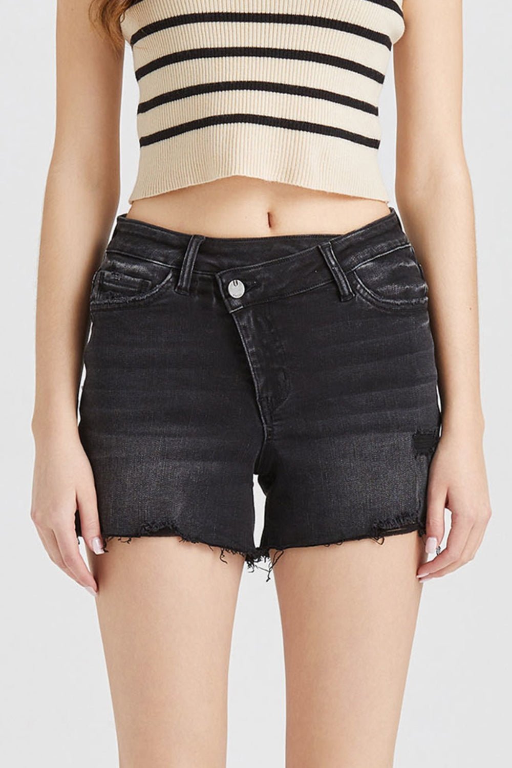 BAYEAS Stepped Waist Raw Hem Denim Shorts - Admiresty