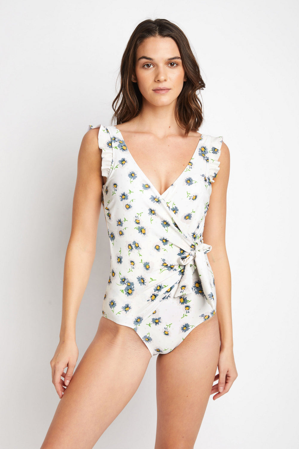 Marina West Swim Float On Ruffle Faux Wrap One-Piece in Daisy Cream