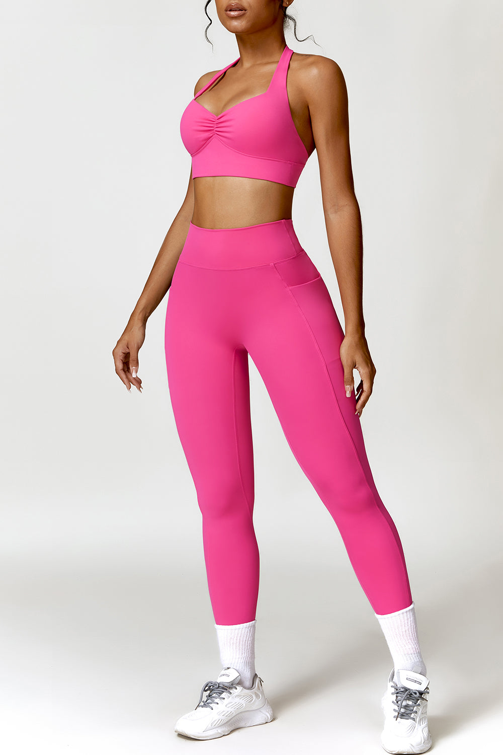 Ruched Halter Neck Bra and Pocketed Leggings Active Set