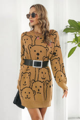 Bear Pattern Round Neck Sweater Dress - Admiresty