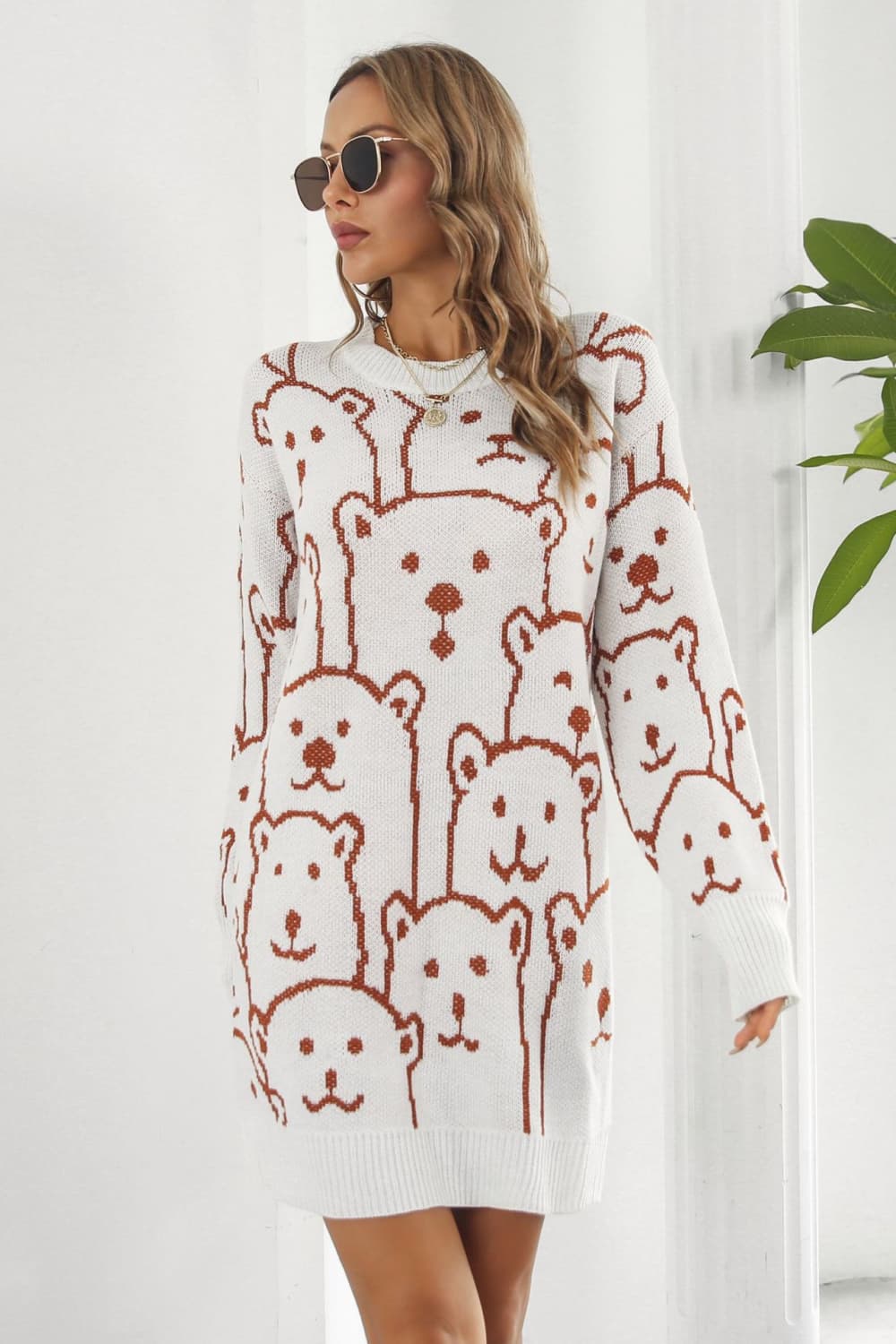 Bear Pattern Round Neck Sweater Dress - Admiresty