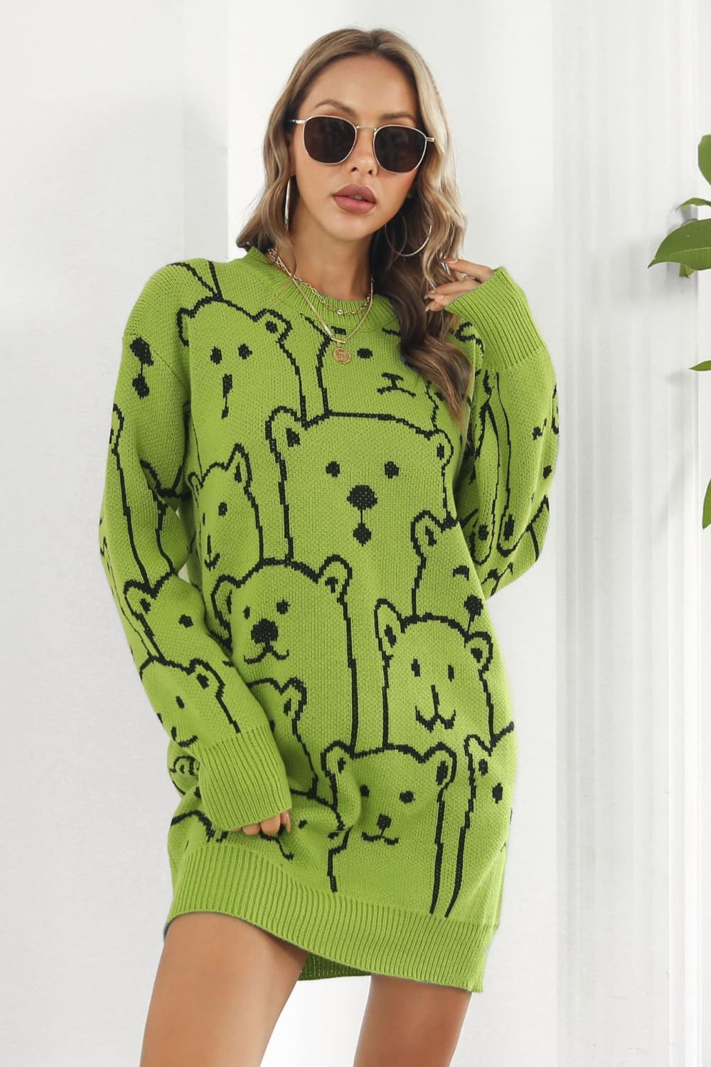 Bear Pattern Round Neck Sweater Dress - Admiresty