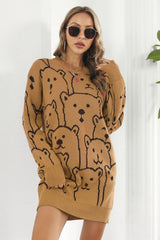 Bear Pattern Round Neck Sweater Dress - Admiresty