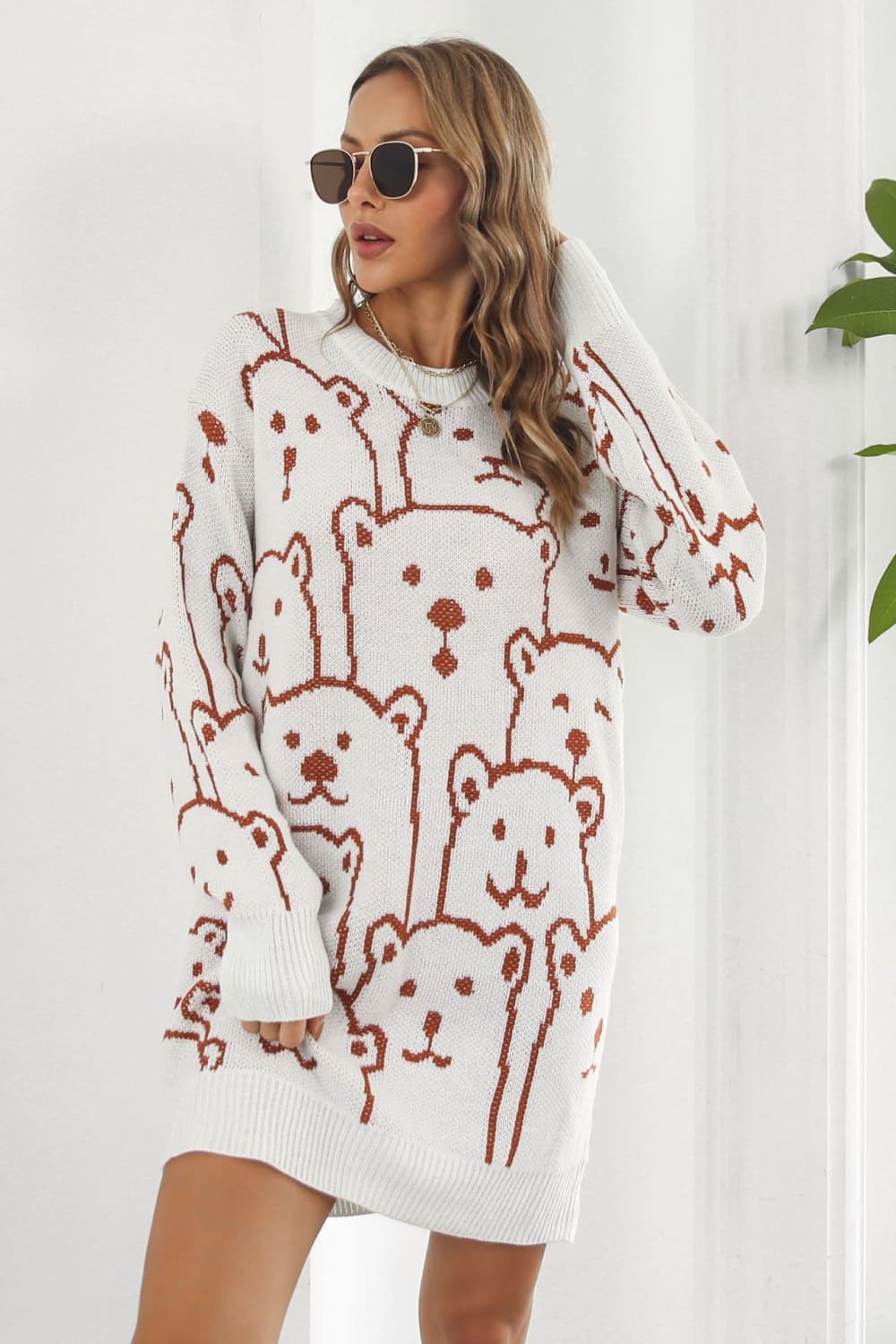 Bear Pattern Round Neck Sweater Dress - Admiresty