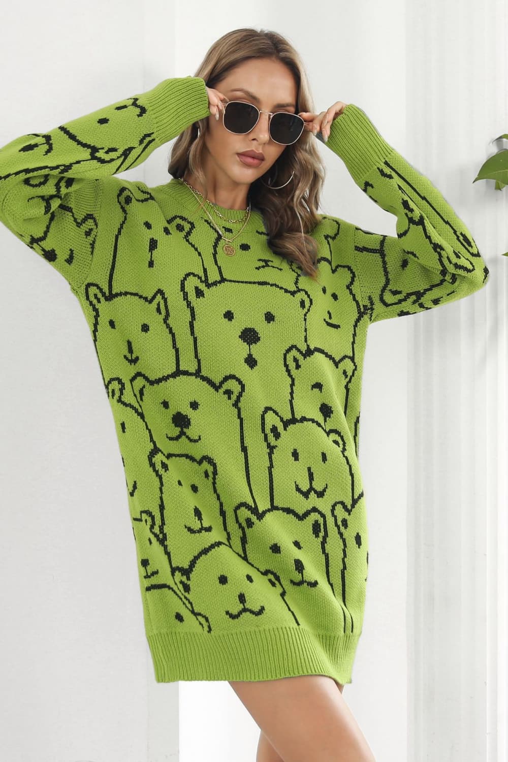 Bear Pattern Round Neck Sweater Dress - Admiresty