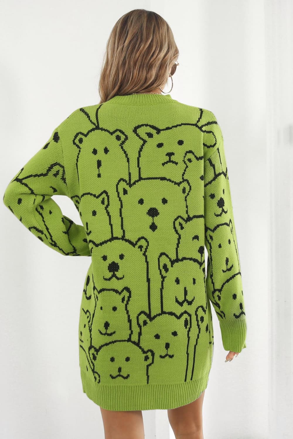 Bear Pattern Round Neck Sweater Dress - Admiresty