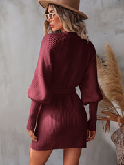 Belted Surplice Lantern Sleeve Wrap Sweater Dress - Admiresty