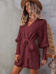 Belted Surplice Lantern Sleeve Wrap Sweater Dress - Admiresty