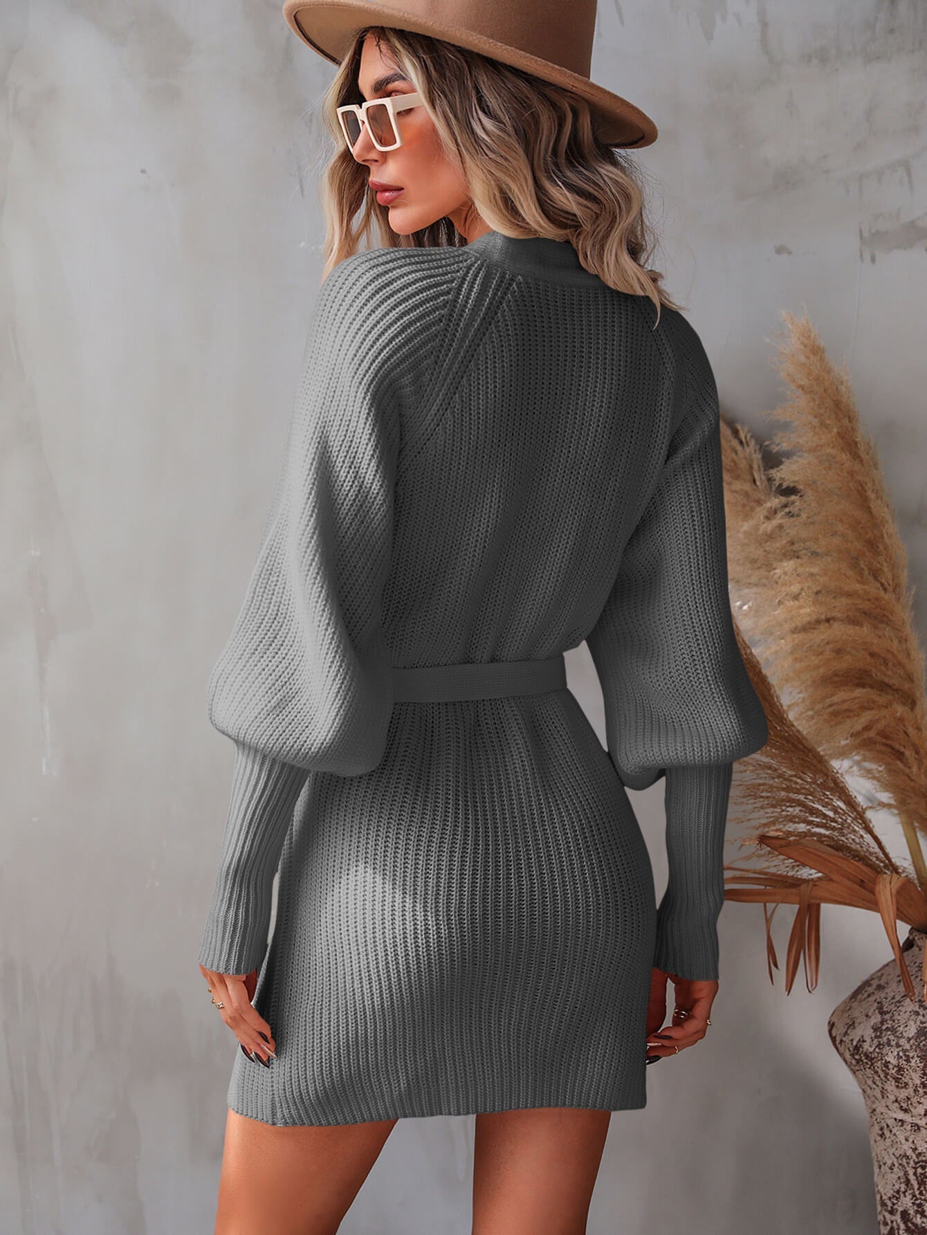 Belted Surplice Lantern Sleeve Wrap Sweater Dress - Admiresty