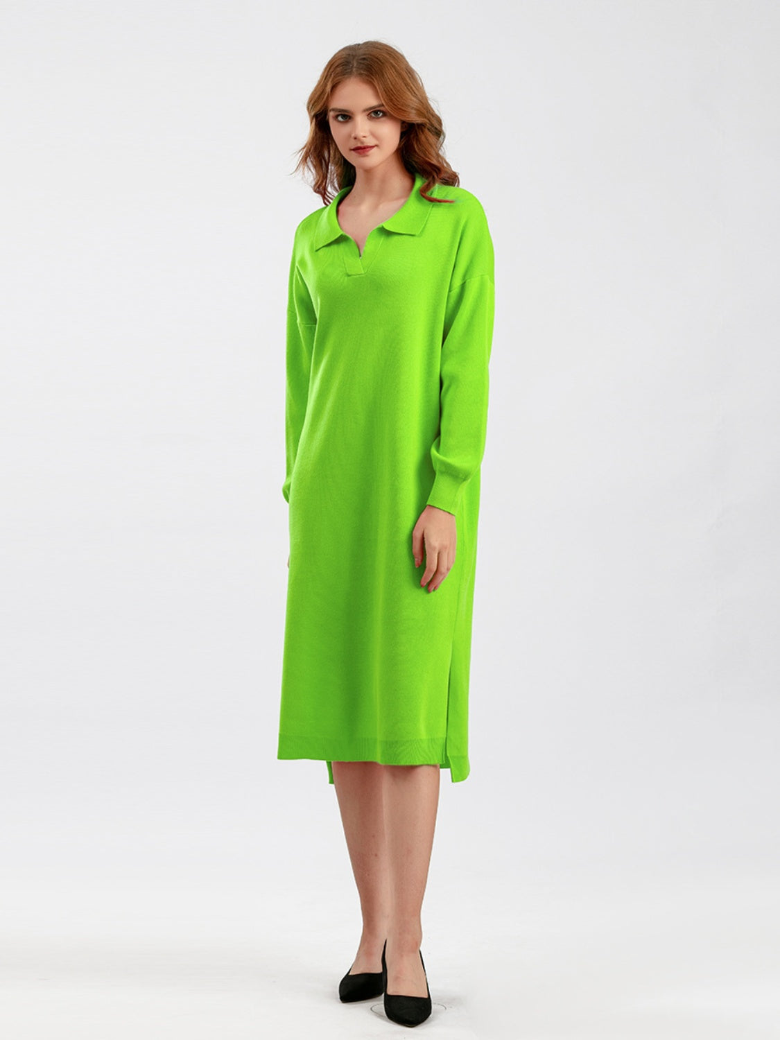 Johnny Collar Long Sleeve Slit Sweater Dress