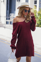 V-Neck Long Sleeve Mini Sweater Dress