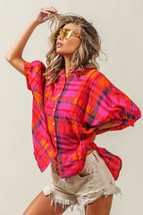 BiBi Button Up Dolman Sleeve Plaid Shirt - Admiresty