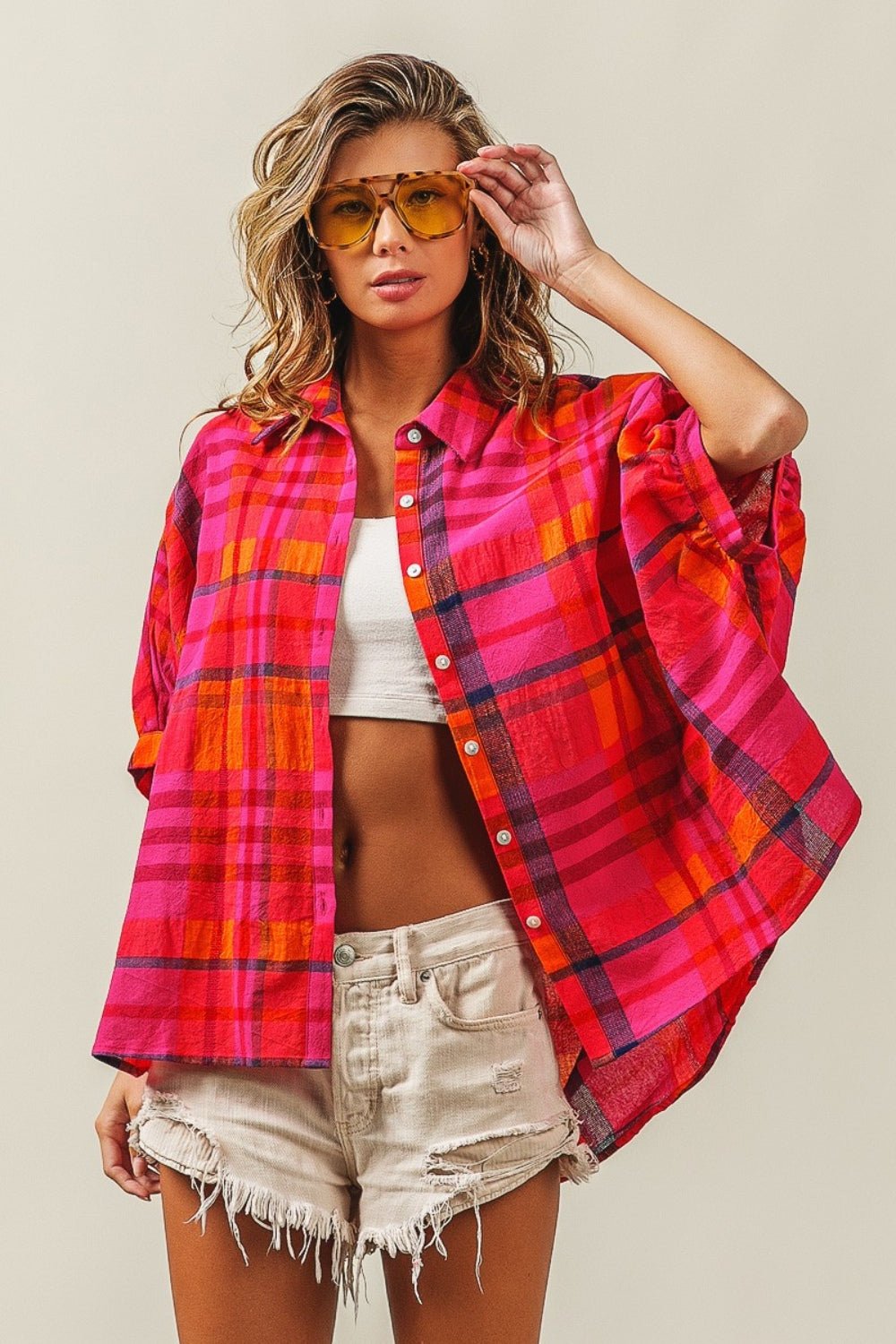 BiBi Button Up Dolman Sleeve Plaid Shirt - Admiresty