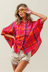 BiBi Button Up Dolman Sleeve Plaid Shirt - Admiresty