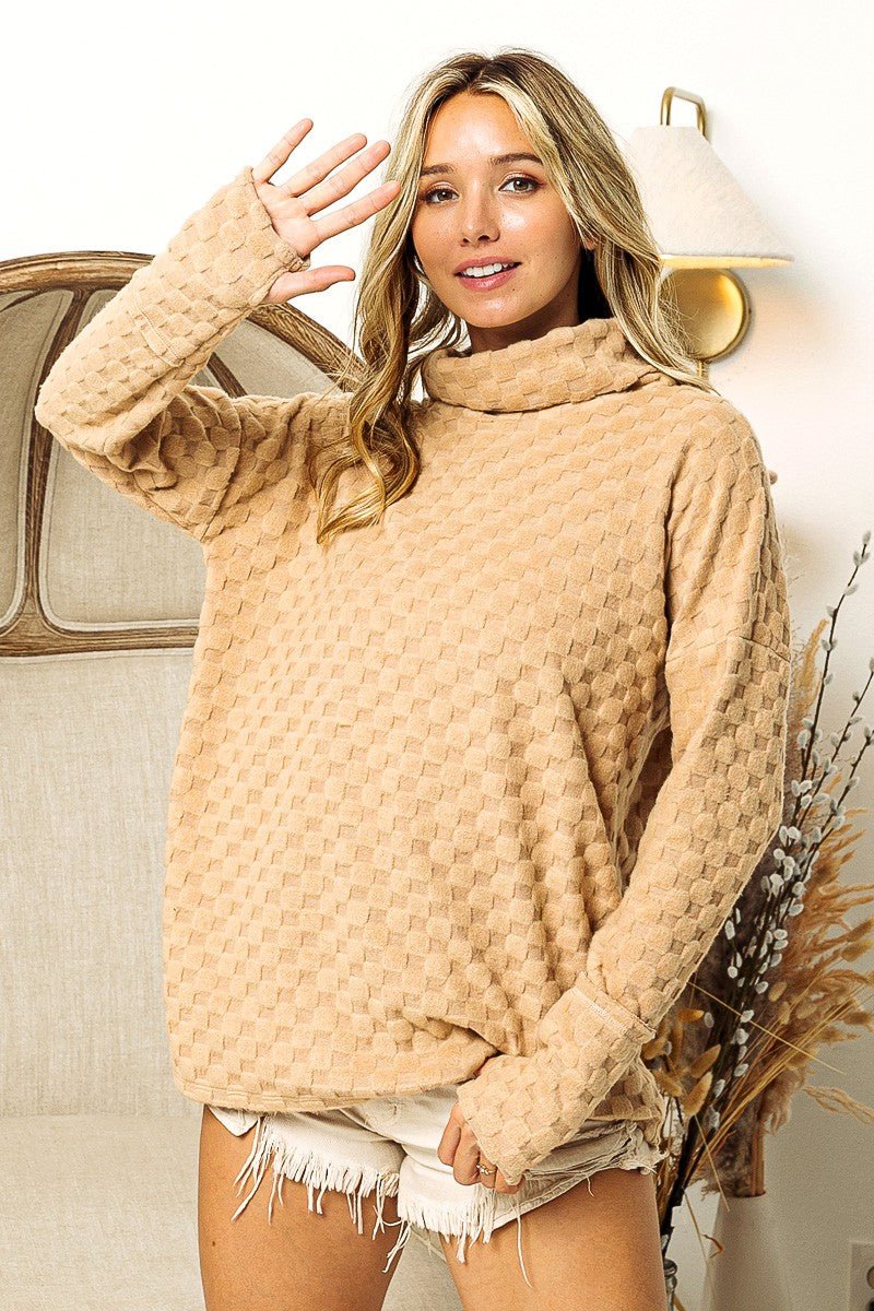 BiBi Checkered Round Neck Thumbhole Long Sleeve Top - Admiresty