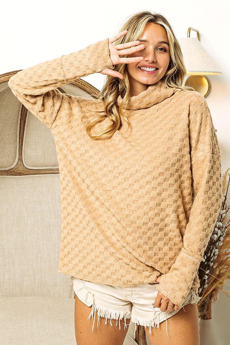 BiBi Checkered Round Neck Thumbhole Long Sleeve Top - Admiresty