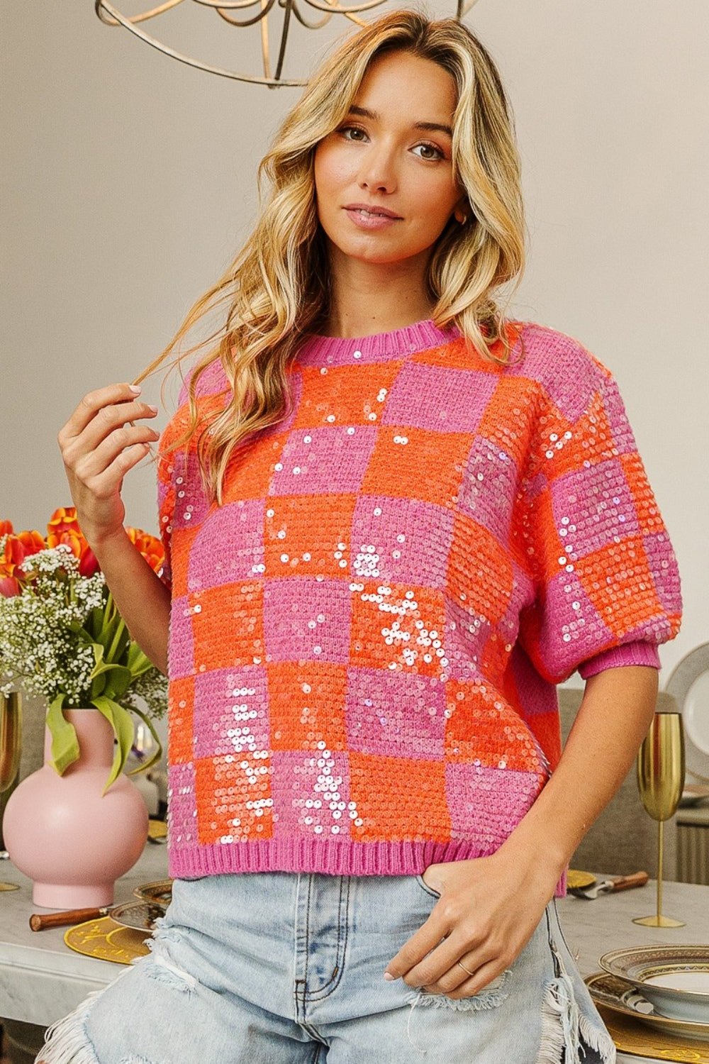 BiBi Checkered Short Sleeve Sequin Sweater - Admiresty